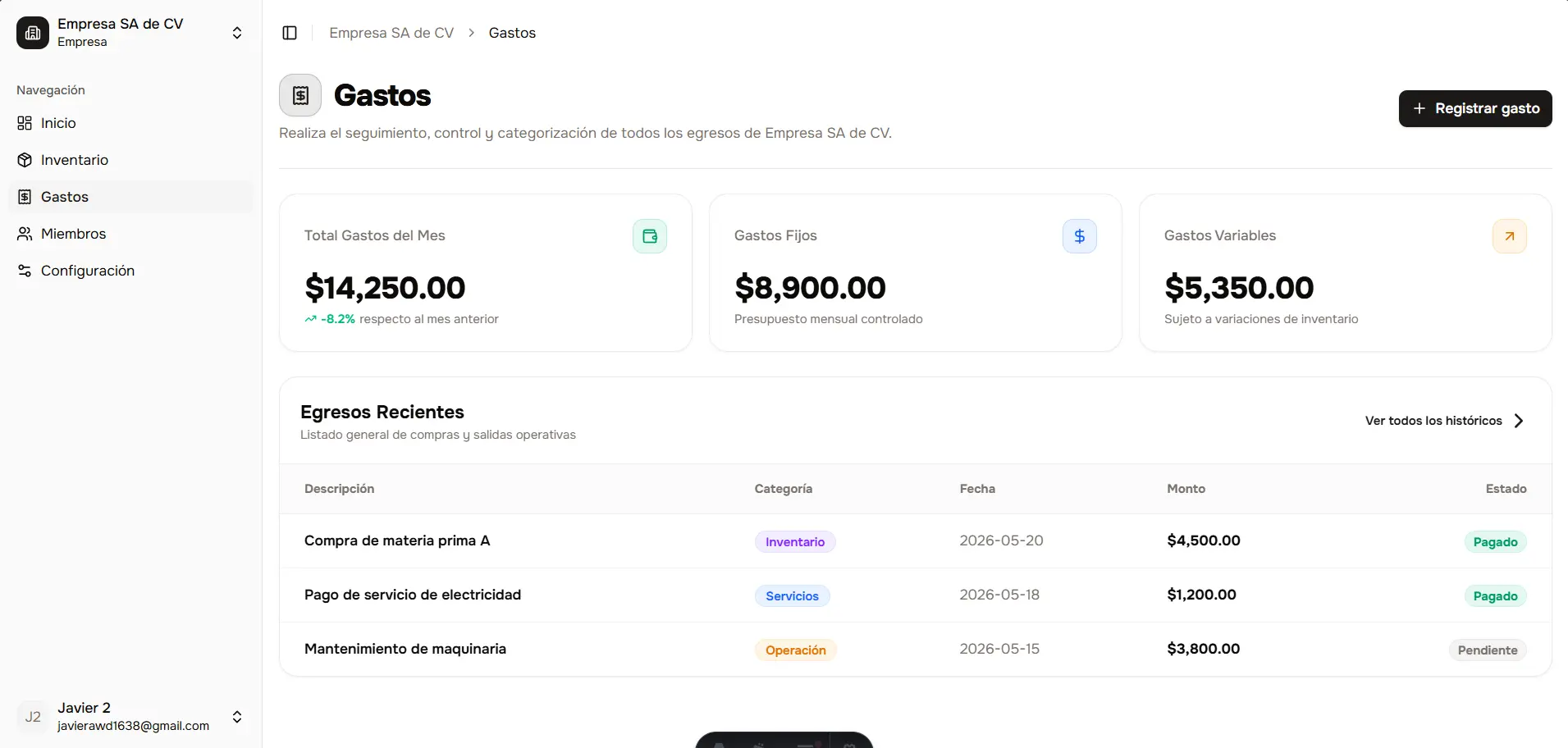 Sistema de Inventarios Multi-Tenant - Control Financiero y Gastos