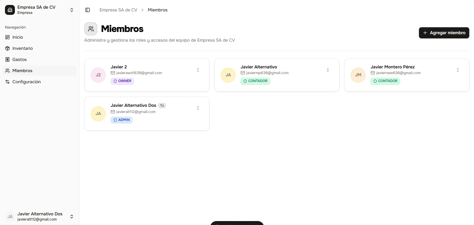 Sistema de Inventarios Multi-Tenant - Administración de Miembros y Roles
